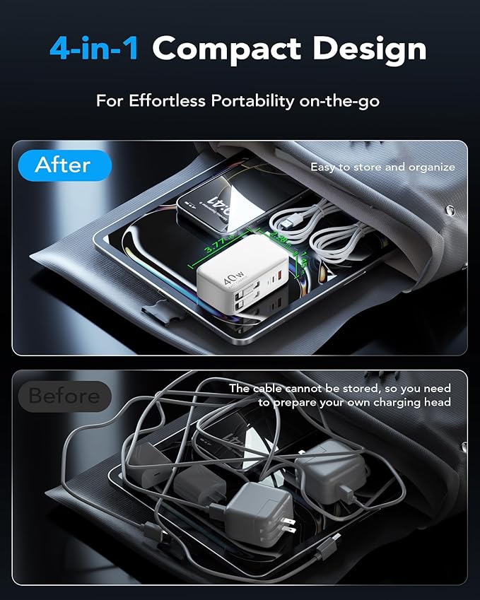 Retractable USB C Charger Wall Plug with Dual 35.5in/90cm Type C Cables Cords,40W Fast Charging Foldable Block Multi Charger for All Devices for iPhone 17/16/15/14/13/12,iPad,Galaxy,Pixel