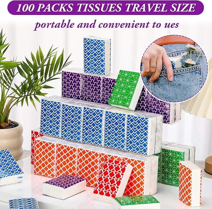 Therwen 100 Pack Pocket Tissues Travel Packs Bulk 1000 Sheet Mini Tissues Bulk 3 Ply Small Travel Size Paper Individual Pocket Size (Multicolor)