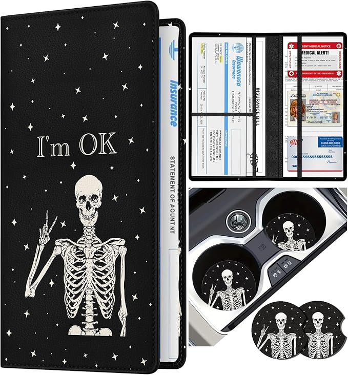 Slohif Car Registration and Insurance Holder - Skeleton Vehicle Glove Box Organizer Women with Magnetic Shut Leather Automobile License Holders Coasters Auto Accessories Case for Document