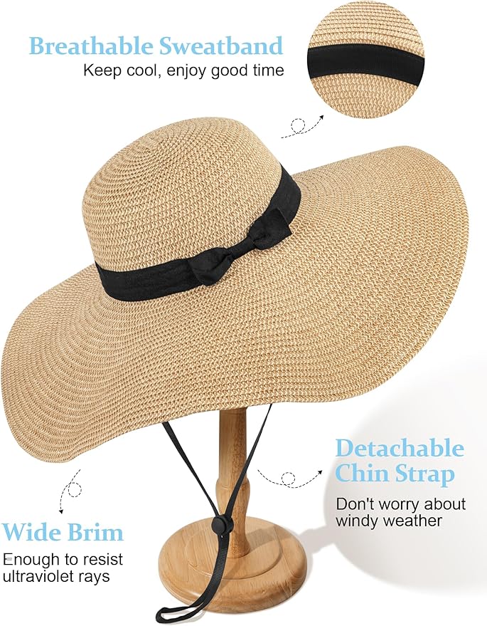 Senker Fashion Sun Hats for Women Oversize Wide Brim Straw Beach Hat Floppy Foldable Roll-Up Summer Vacation UPF 50+