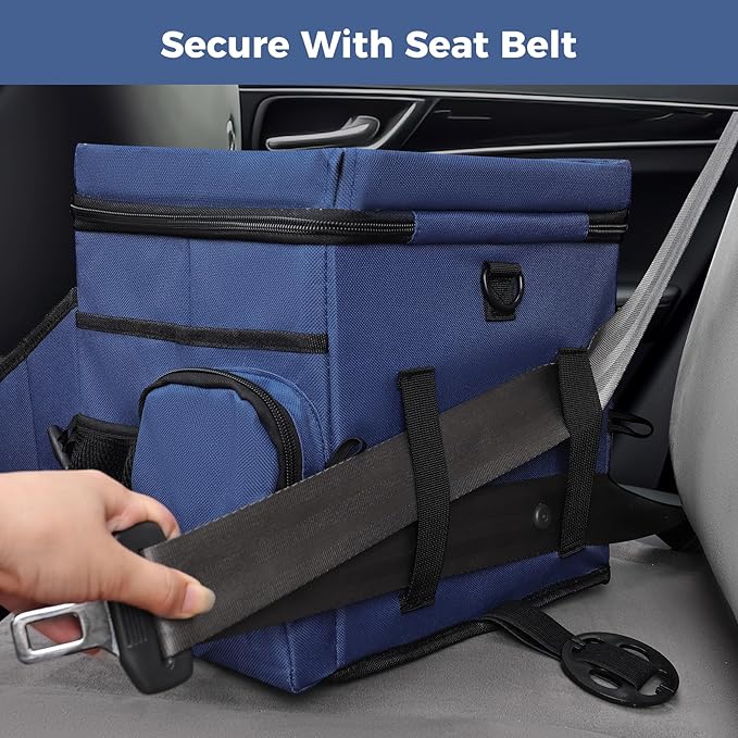 COOLBEBE Car Seat Organizer, Backseat Car Organizer with Cup Holders for Kids and Adults Travel, Cooler Compartment Passenger Seat Organizer Storage Box for Front or Middle Seat, Navy Blue