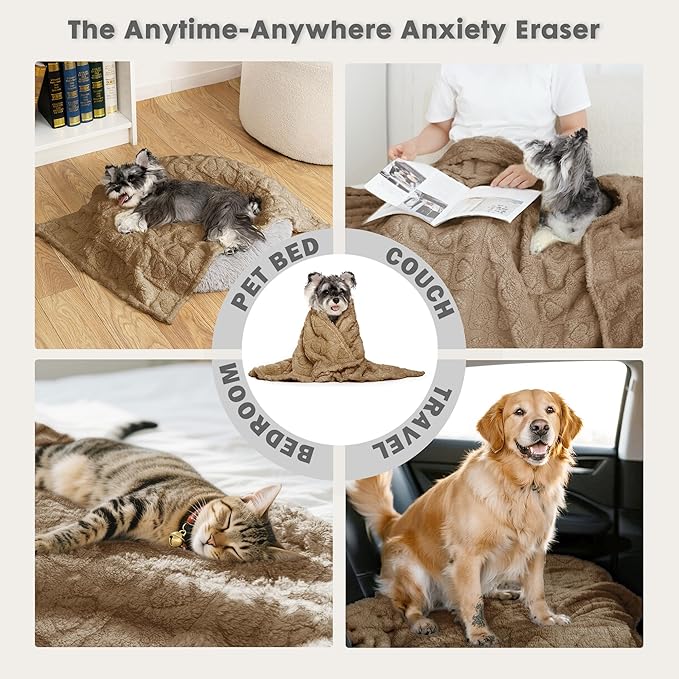 gogobunny Calming Plush Dog Cat Blanket 300GSM Coral Fleece, Ultra-Soft Machine Washable Pet Bedding for Small Medium Dogs Cats Puppies Kittens (Brown, 60x80)