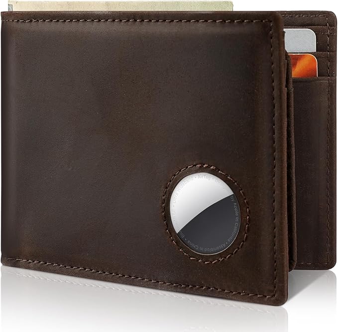 Mens Wallet With AirTag Holder, Bifold Leather RFID Blocking 1-2 ID Windows 12-13 Card Holders, Gift Box and Screen Protector Included, AirTag Not Included