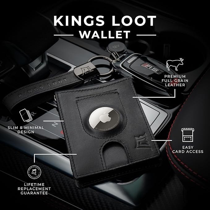 Kings Loot Trackable Airtag Wallet for Men | RFID Blocking Leather Design with Airtag Holder, Money Clip & Pull Tab | Minimalist Air Tag Wallets
