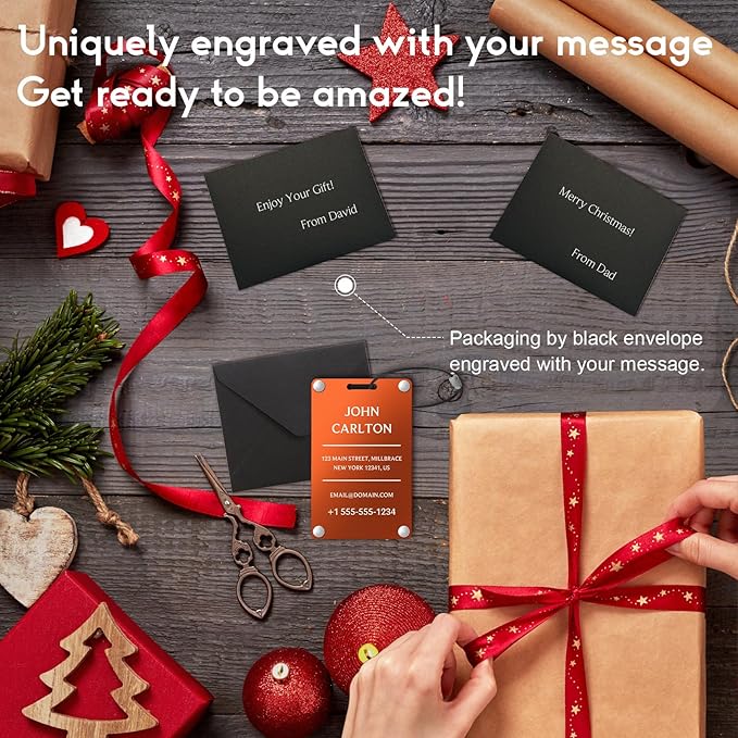 Personalized Luggage Tags for Suitcases - Aluminum Custom Luggage Tags for Backpacks & Bags, Sturdy, Waterproof & Heavy Duty (Orange/Card-Sized)