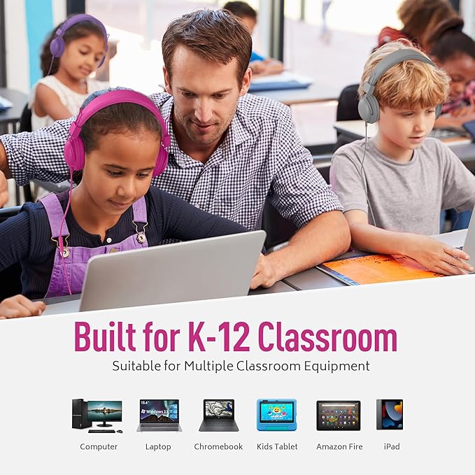 AILIHEN Kids Headphones Wired Bulk 5-Pack for K-12th Grade, School & Classroom, with Microphone, 85dB Volume Limit, Shareable, Foldable, 3.5mm Jack for Chromebook, Computer - Dark Color