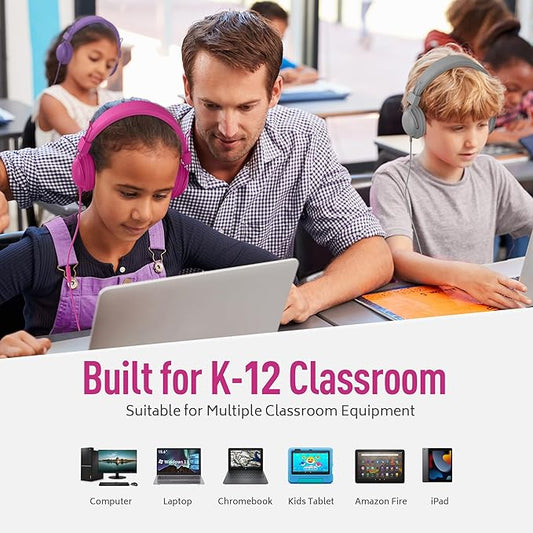 AILIHEN Kids Headphones Wired Bulk 5-Pack for K-12th Grade, School & Classroom, with Microphone, 85dB Volume Limit, Shareable, Foldable, 3.5mm Jack for Chromebook, Computer - Dark Color