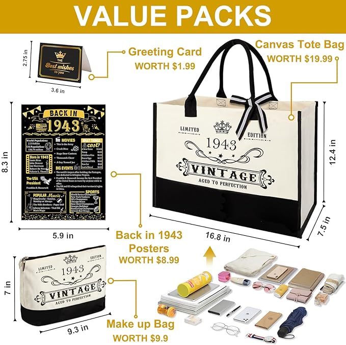 YeohJoy 82nd Birthday Gifts for Her Canvas Tote Bag Travel Gear, Unique 82 Years Old Birthday Gifts for Girlfriend Sister Friends Women, Vintage 1943 Handbag & Cosmetic Bag & Back in 1943 Poster