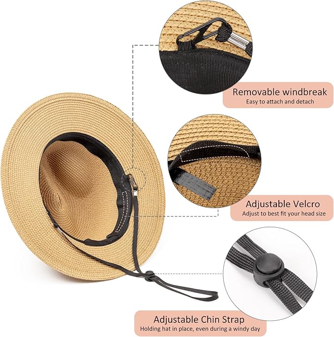 DRESHOW Women Straw Panama Hat Travel Fedora Beach Sun Hat Summer Wide Brim Straw Roll up Hat UPF 50+