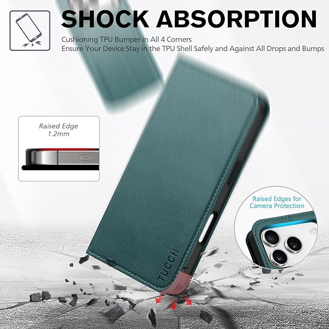 TUCCH Wallet Case for iPhone 17 Pro (6.3-Inch) 2025, 3 Credit Card Slot | RFID Blocking | Stand | PU Leather | Shockproof TPU Interior Shell | Protective Flip Folio Cover | Teal Blue