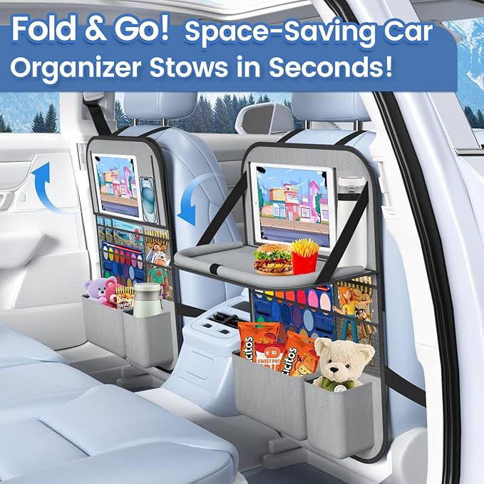 2PACK-Car Backseat Organizer with Touch Screen Tablet Holder,9 Storage Pockets Storage Organizer with Foldable Food Tray, Protector Kick Mats for Kids, Travel Accessories Organizer (Grey)