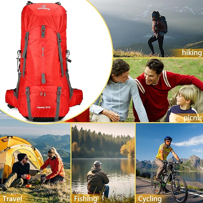 Hiking Backpack for Men and Women 70L+5L Waterproof Lightweight Camping Daypack with Rain Cover for Outdoor Travel Mountaineering - Frameless (Red)