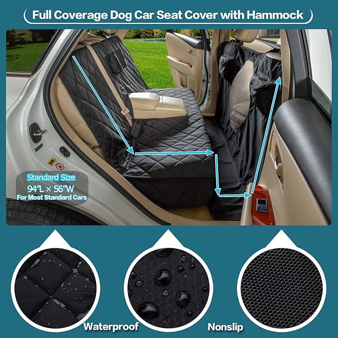 Car Seat Cover for Dogs All Covered Back Seat Cover with Mesh Window, Bench and Hammock Seat Cover Combination Detachable Pet Seat Cover Suitable for Most Vehicles (Black, Standard)