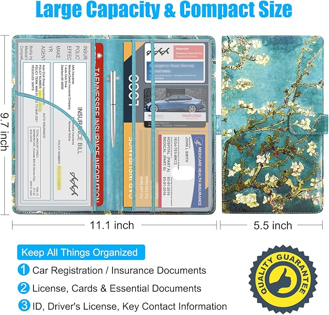 DMLuna Car Registration and Insurance Holder, Leather Vehicle Card Document Glove Box Organizer, Auto Truck Compartment Accessories for Essential Information, Driver License Cards, Almond Blossom