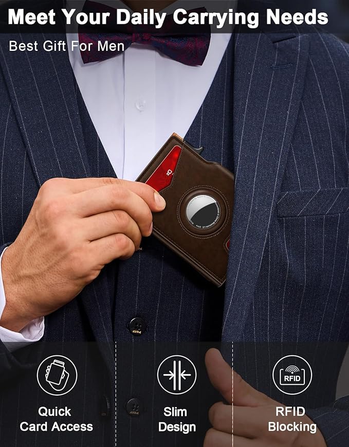 Airtag Wallet for Men, Minimalist Slim Mens Wallet Smart Pop Up Credit Card Holder for 9-13 Cards, RFID Blocking Wallet with ID Window & Cash Slot, Compact Bifold Metal Aluminum Card Case