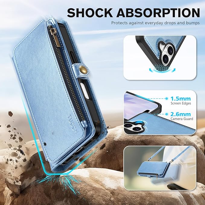 TUCCH Crossbody Detachable Wallet Case for iPhone 17 (6.3"), 9 Card Slots RFID Blocking | Wireless Charging | Wrist Strap Lanyard | Stand | Zipper Pocket | PU Leather Phone Cover | Pearly Light Blue