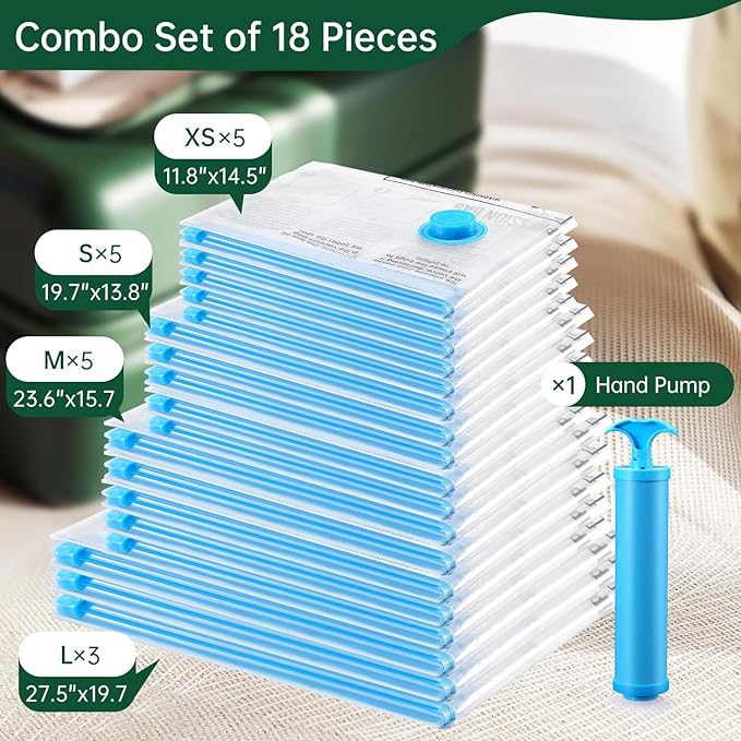 Compression Bags - Space Saver & Travel Essentials, Vacuum Seal Bags for Clothing & Luggage (18 Combo Pack)