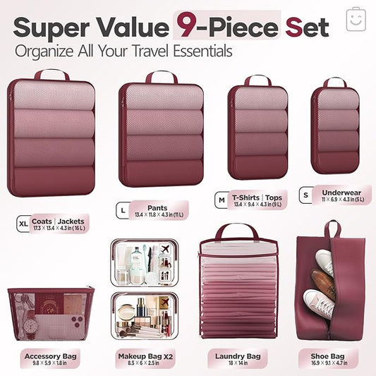 Veken 9/11 Set Compression Packing Cubes for Travel Essentials,Compressible Expandable Large Luggage Suitcase Organizer Bags for Clothing,Durable Space Saver Storage Bags with Toiletry Bags(Wine Red)