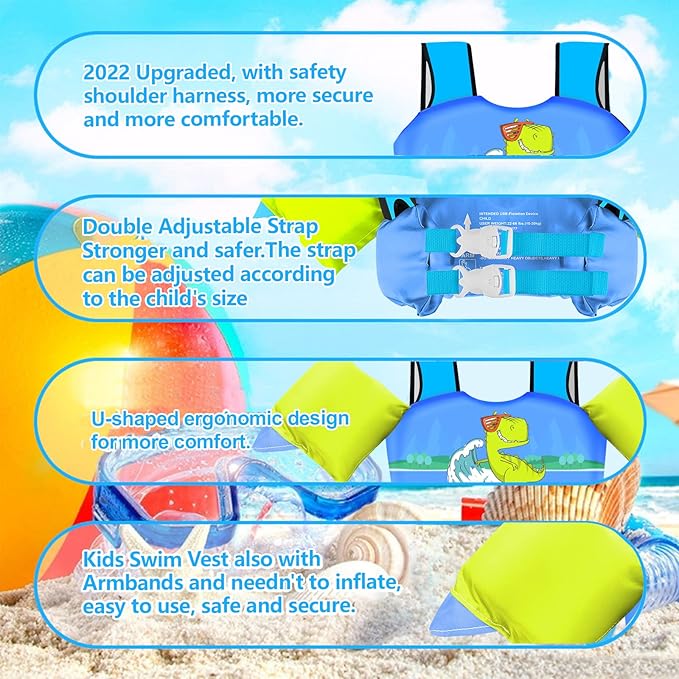 Chriffer Kids Swim Vest Life Jacket for 30-55 Pounds Boys and Girls, Toddler Floaties with Shoulder Harness Arm Wings for 2,3,4,5,6,7 Years Old Baby