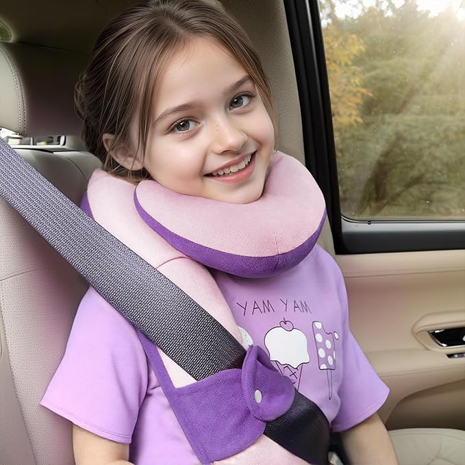 Kids Travel Neck Pillow, Comfortable Head & Chin Support for Car seat & Airplane, Toddler Pillow for Sleeping on Road Trip, Gifts for Child (Deep Purple & Light Purple)