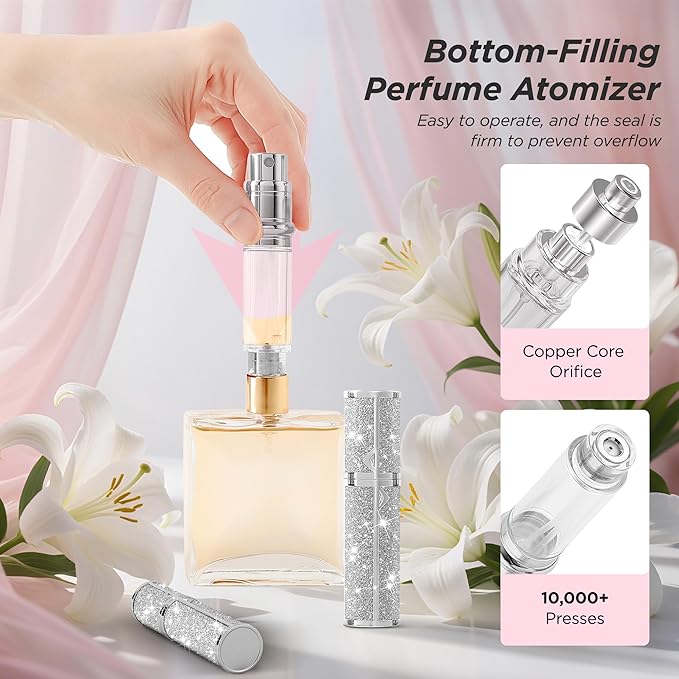 Travel Perfume Bottle Refillable, Sparkle Perfume Atomizer Leak-Proof Portable 5ML Mini Empty Atomizer Sprayer Bottle for Traveling and Outgoing (Silver, 5ML)