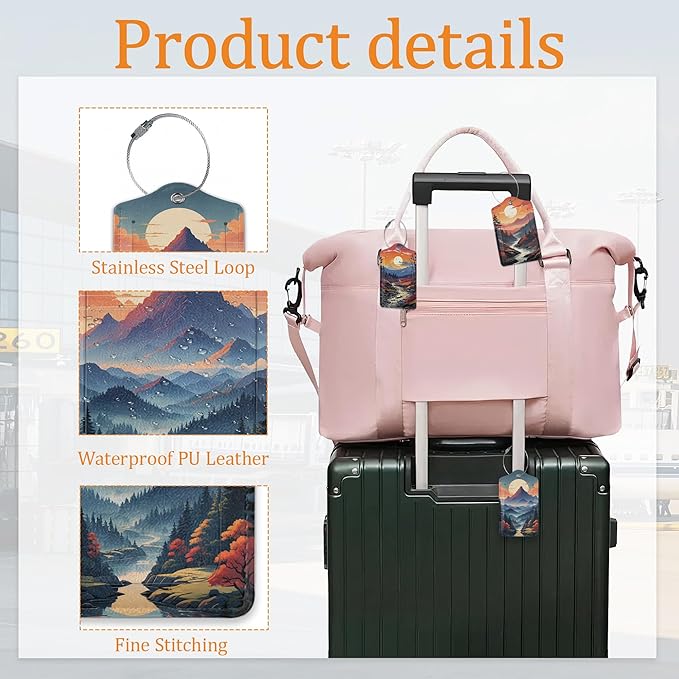 Abstract Landscape Luggage Tags for Suitcase 3 Pack, Leather Bag Tags Identifiers with Privacy Name Address Labels and Durable Steel Loop for Men Women Backpack