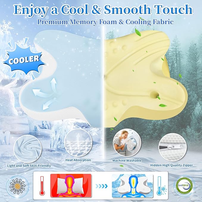 Memory Foam Cervical Pillow for Neck Pain Relief - Ergonomic Contour Pillow for Side, Back & Stomach Sleepers, Orthopedic Neck Support with Cooling Pillowcase