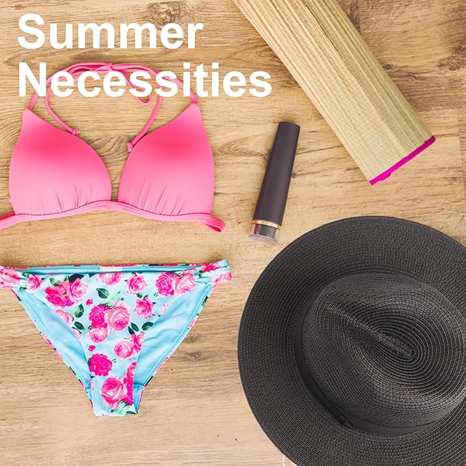 DRESHOW Women Straw Panama Hat Travel Fedora Beach Sun Hat Summer Wide Brim Straw Roll up Hat UPF 50+