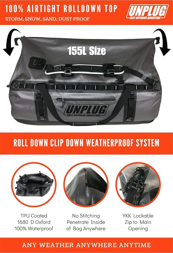 UNPLUG Ultimate Adventure Bag | 1680D Heavy Duty Waterproof Bag | Large Travel Duffle Bag which can be Used for Camping, Motorcycling, Boating, or Hunting