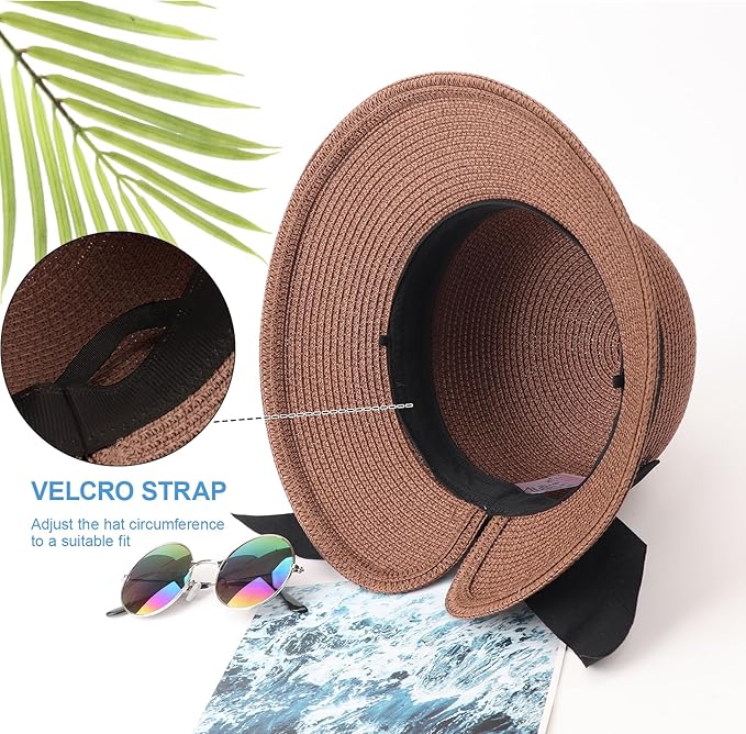 DRESHOW Sun Hats for Women Travel Fedora Foldable Beach Sun Hat Summer Wide Brim Straw Bucket Hat with Bowknot UPF 50+