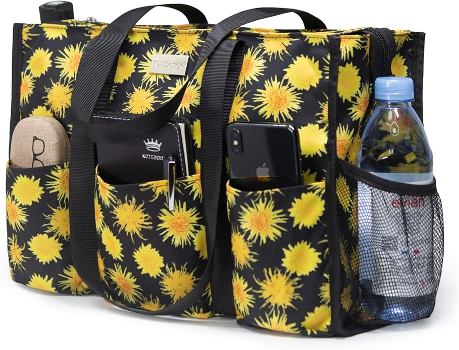 TOPDesign Utility Water Resistant Tote Bag with 13 Pockets, Top Zipper Closure & Thick Bottom Support, for Working Women