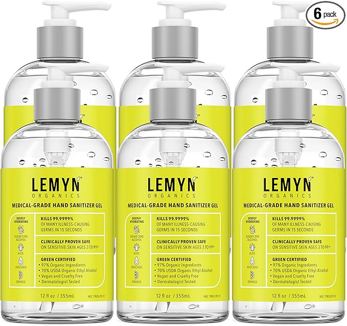 Medical‑Grade Hand Sanitizer Gel – 97 % Organic | 70 % USP Ethyl Alcohol | Moisturizing Aloe + Hyaluronic Acid | Freshly Made in USA | 12oz Bottle with Pump (PACK OF 6)