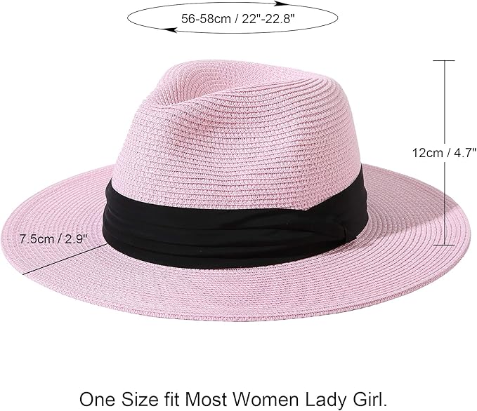 Lanzom Women Wide Brim Straw Panama Roll up Hat Fedora Beach Sun Hat UPF50+
