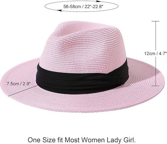 Lanzom Women Wide Brim Straw Panama Roll up Hat Fedora Beach Sun Hat UPF50+