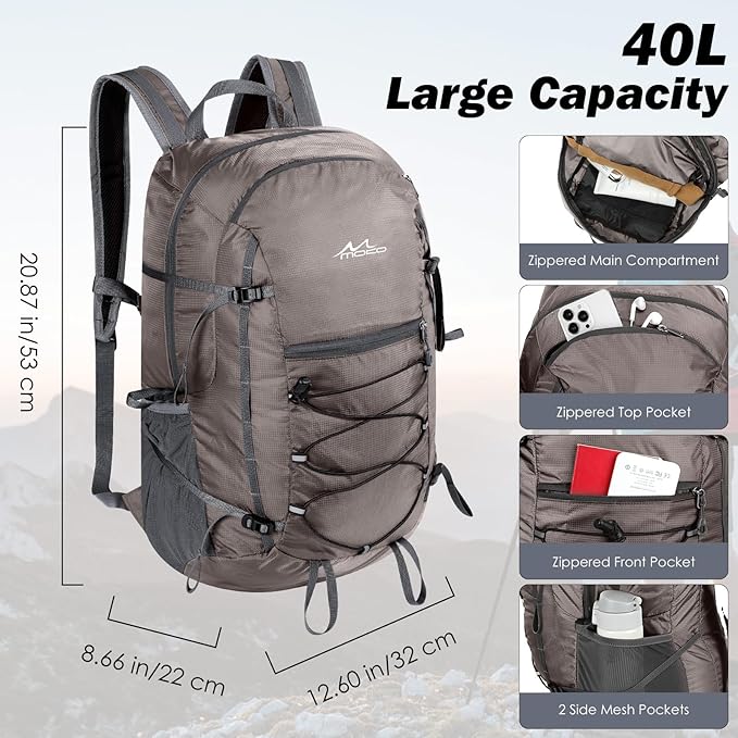 MoKo Hiking Backpack, 40L Large Capacity Camping Backpack with Multiple Pockets, Tear-resistant Travel Daypack for Men Women, Packable and Lightweight Hiking Daypack for Travel Camping Outdoor, Hummus