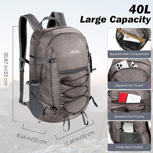 MoKo Hiking Backpack, 40L Large Capacity Camping Backpack with Multiple Pockets, Tear-resistant Travel Daypack for Men Women, Packable and Lightweight Hiking Daypack for Travel Camping Outdoor, Hummus