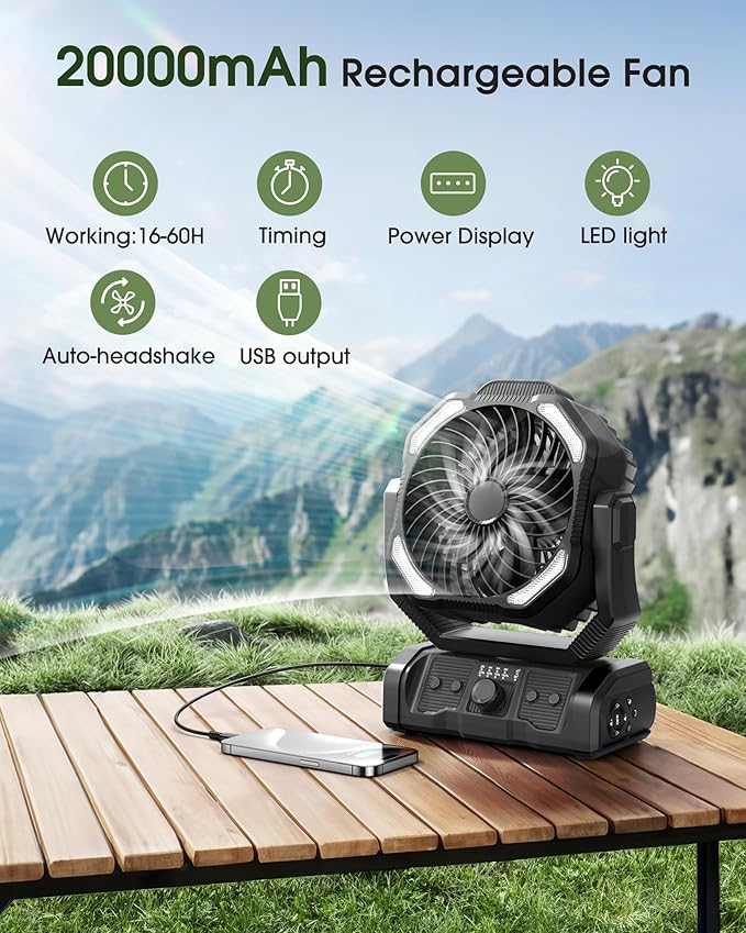 Portable Rechargeable Camping Fan - 20000mAh Cordless Battery Powered Tent Fans with LED Lantern, Remote Auto Oscillating USB C Operated Table Ventilador for Travel Picnic Barbecue Outdoor