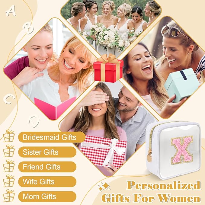Personalized Initial Letter Clear Preppy Makeup Bag,Mini Nylon Chenille Letter Cosmetic Bag Cute Zipper Pouch Purse for Teen Girls,Portable TSA Approved Beach Travel Essentials Bag Gift for Women,X