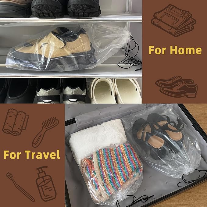 100 Pack Clear Shoe Bags for Travel, 12"x18" Large Travel Shoe Bags for Storage and Packing, Waterproof Drawstring Shoe Bag for Traveling, Bulk Travel Essentials for Men and Women