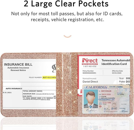 CoBak Car Registration and Insurance Holder - Small and Lightweight Vehicle Glove Box Car Organizer, Auto Truck Comparment Accessories Case for Essential Document, Driver License (Glitter Rosegold)