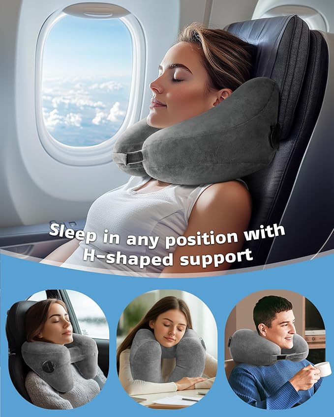 Travel Pillow Inflatable Neck Pillow Airplane Pillow with Velvet Cover Inflatable Pillow for Car/Train/Plane (Grey, M)