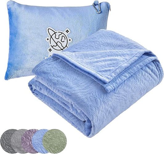 Commollis 2-in-1 Travel Blanket & Pillow for Airplane, Car, Train - Warm Compact Flight Blanket with Luggage Strap & Backpack Clip, Machine Washable, All-Season Use