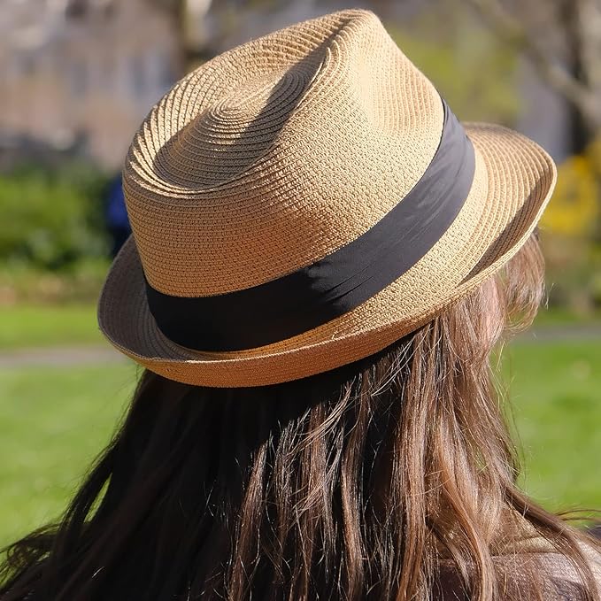 DRESHOW Women Straw Panama Hat Travel Fedora Beach Sun Hat Summer Wide Brim Straw Roll up Hat UPF 50+