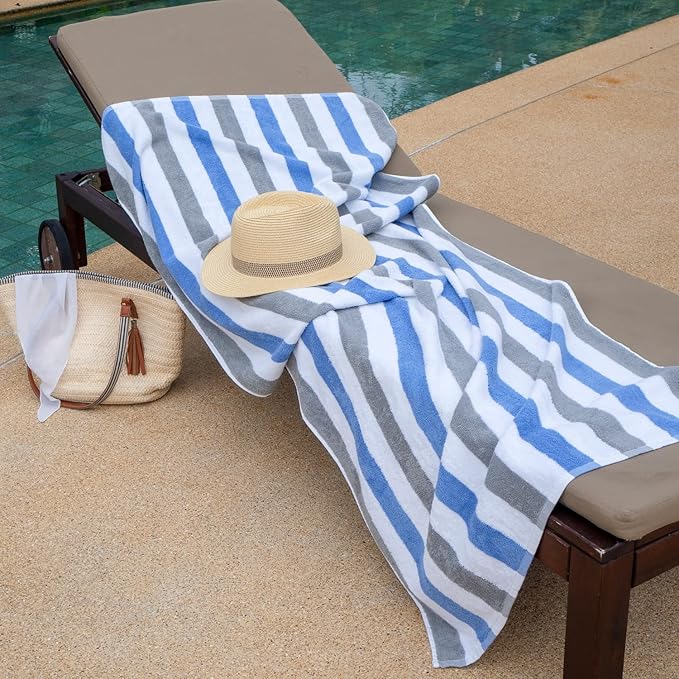 Arkwright Cabo Cabana Stripe Beach Towel - Pack of 4 - Large Soft Quick Dry Cotton Terry Towels for Pool, Swim, and Hot Tub, Oversized 30 x 70 in, Cornflower Blue/Grey