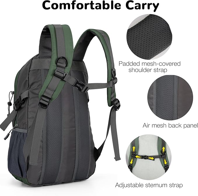 25L Small Hiking Backpack Daypack for Men Women, Waterproof Outdoor Backpack with Chest Strap for Camping, Green