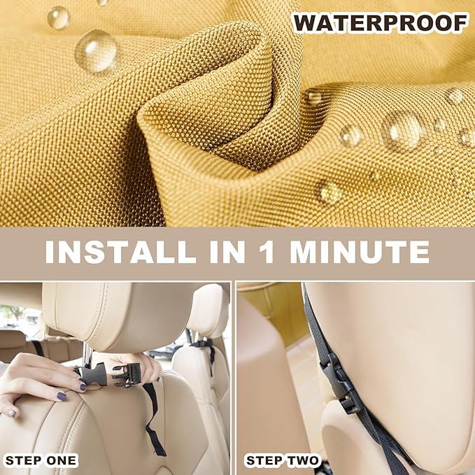 Car Backseat Organizer with Tablet Holder, 6 Storage Pockets Seat Back Protectors Kick Mats for Kids, Car Seat Protector for Road Trips 2 Pack (Beige)