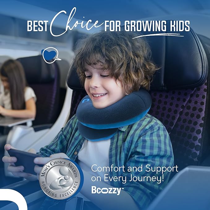 BCOZZY Kids Travel Neck Pillow (8-12 Y/O) – Patented Soft Child Pillow for Head & Chin Support in Car, Airplane, and Road Trip Sleeping. Adjustable Size. Carry Bag. Fully Washable. Medium, Navy