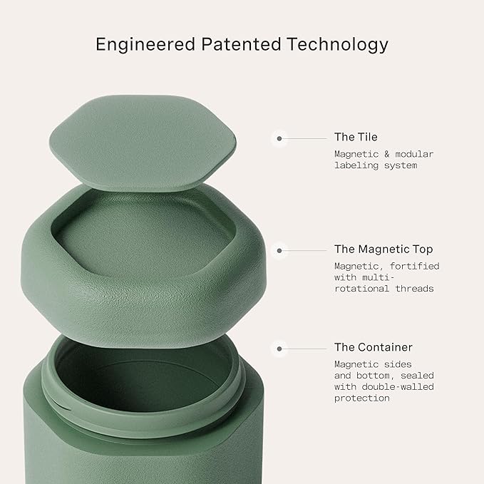 Cadence Travel Containers - Daily Routine Capsule Set - Magnetic Containers with Lids,4 Flex Mediums (1.32oz) & 3 Flex Smalls (0.56oz) - Shampoo, Conditioner, Body Wash, Pills, & More - Eucalyptus