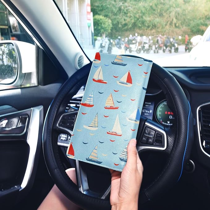 Boats Print Car Registration and Insurance Holder Leather Vehicle Document Glove Box Organizer for License Cards Accessories