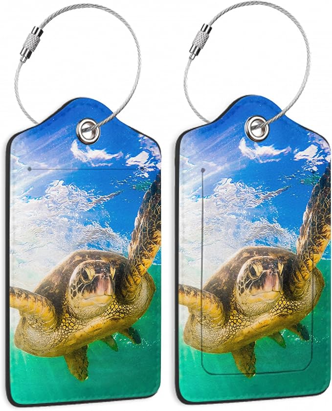 SeTurtle Luggage Tags Set of 2 Green Hawaiian Leather Suitcase Tags with Stainless Steel Loop and Privacy Cover for Women Men Travel Luggage Accessories